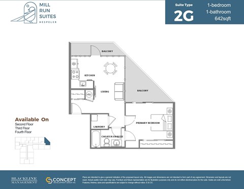 A floor plan for a 2G suite with a living room, kitchen, and bathroom.